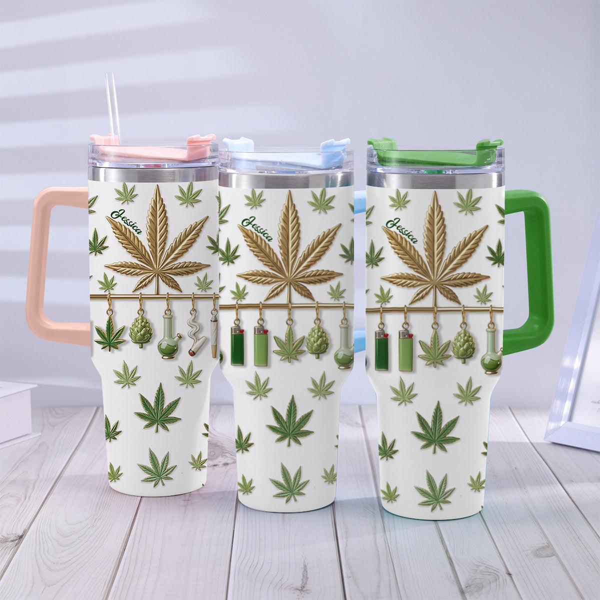 Green Magic Leaf - Personalized Weed Tumbler With Handle