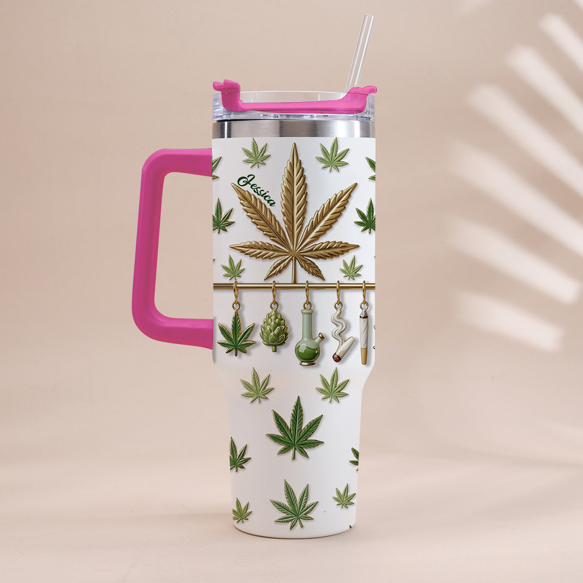 Green Magic Leaf - Personalized Weed Tumbler With Handle