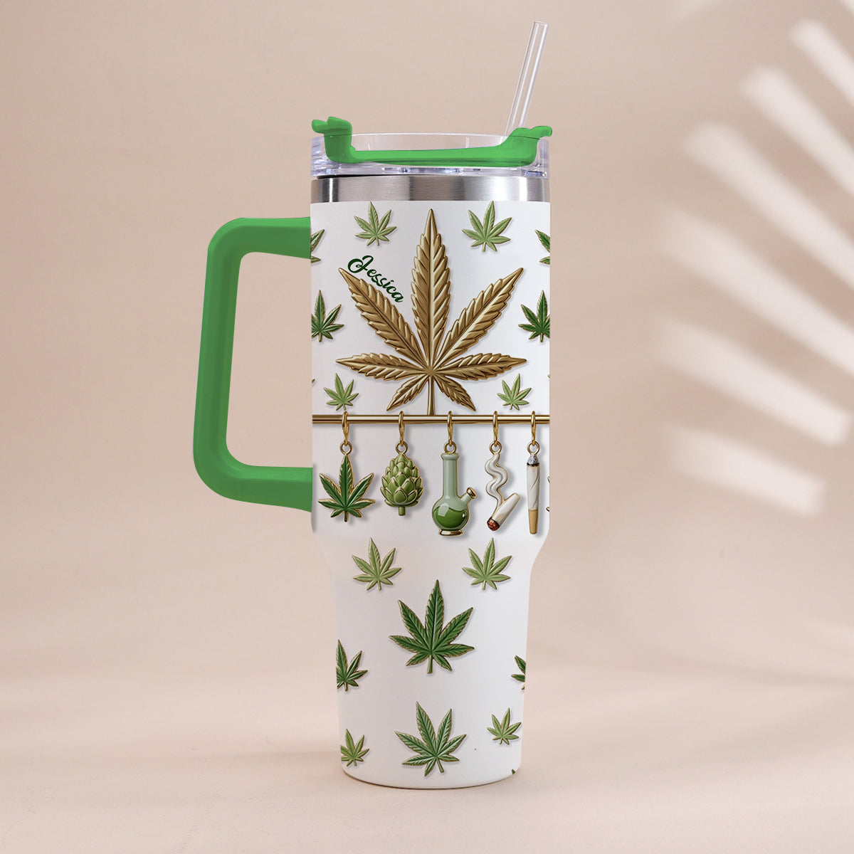 Green Magic Leaf - Personalized Weed Tumbler With Handle