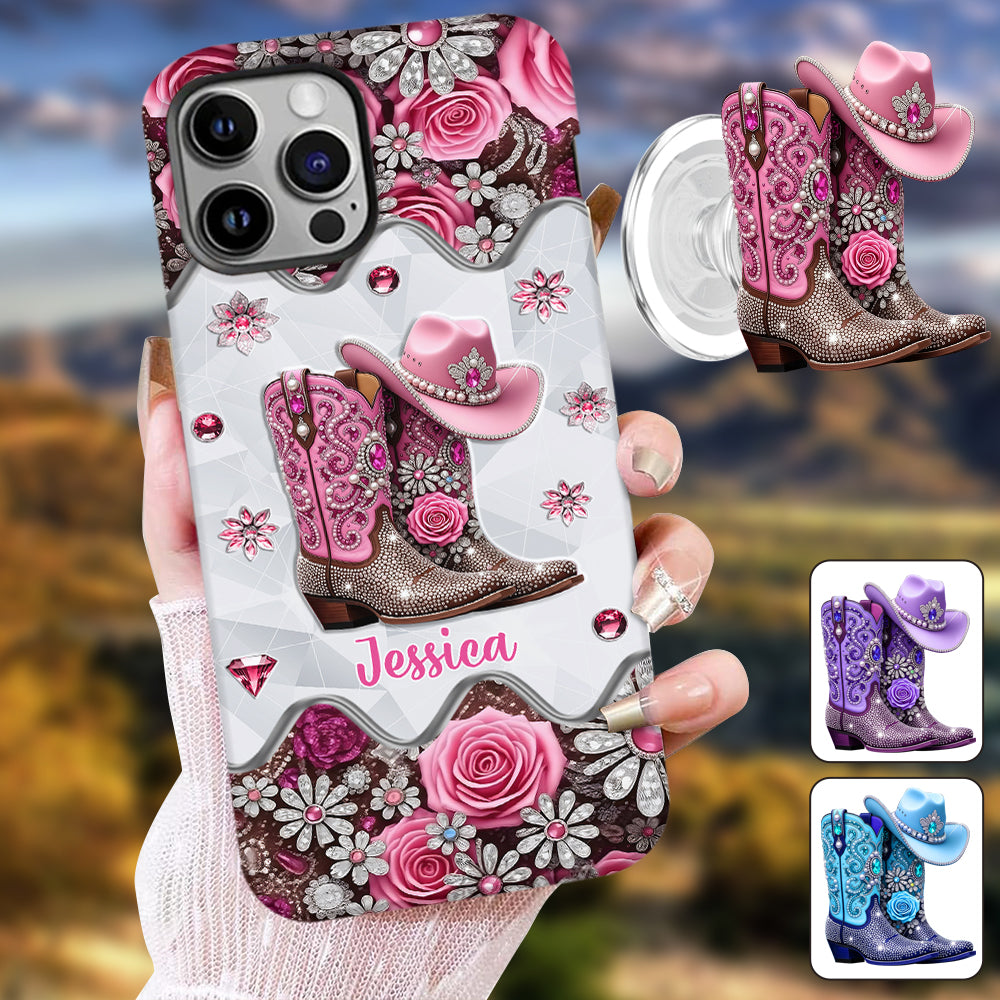 Bottes de cowgirl - Coque de téléphone personnalisée avec imprimé intégral cowgirl et support pour téléphone