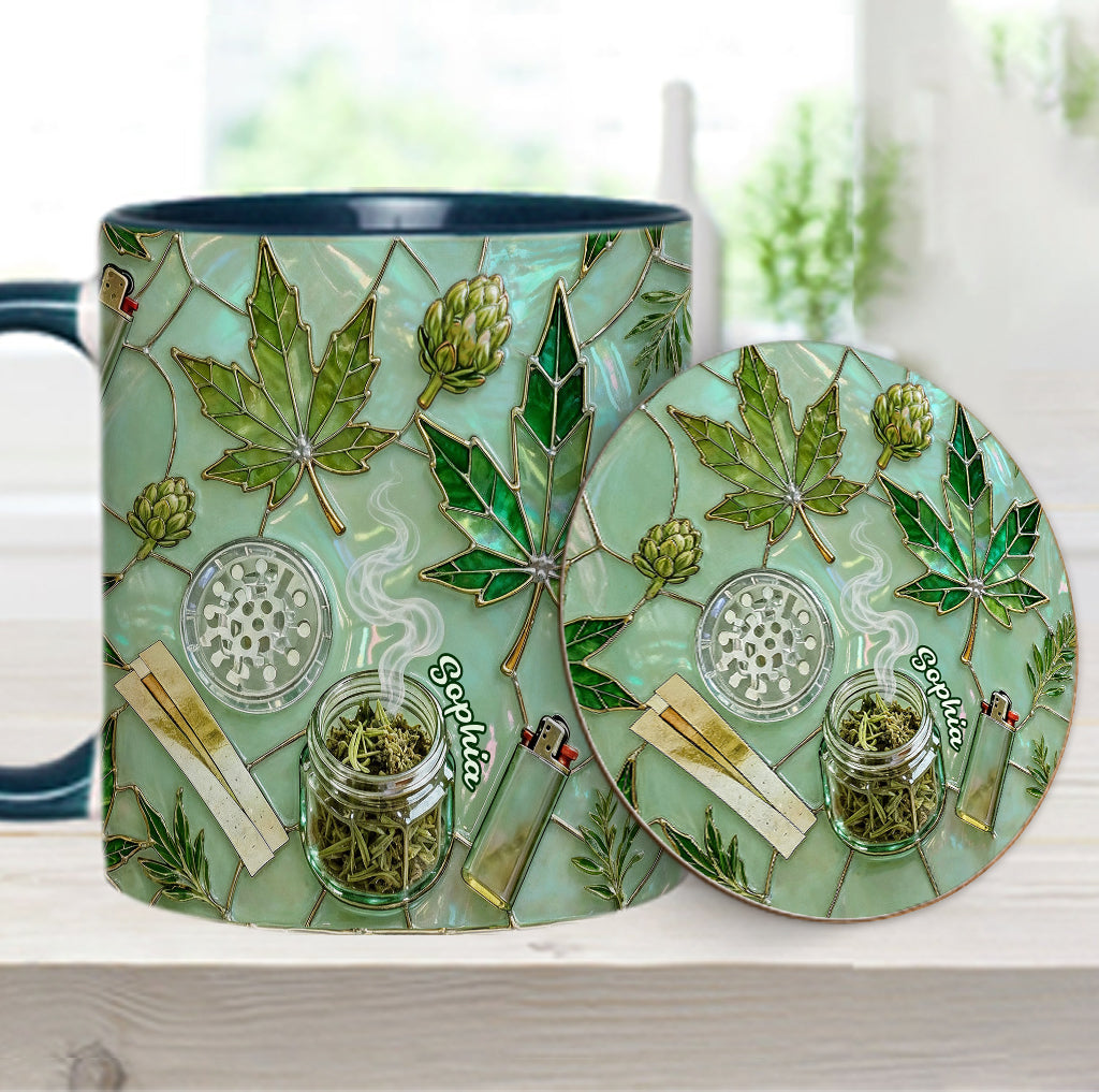 Feuille de magie verte - Mug et sous-verre personnalisés avec motif cannabis
