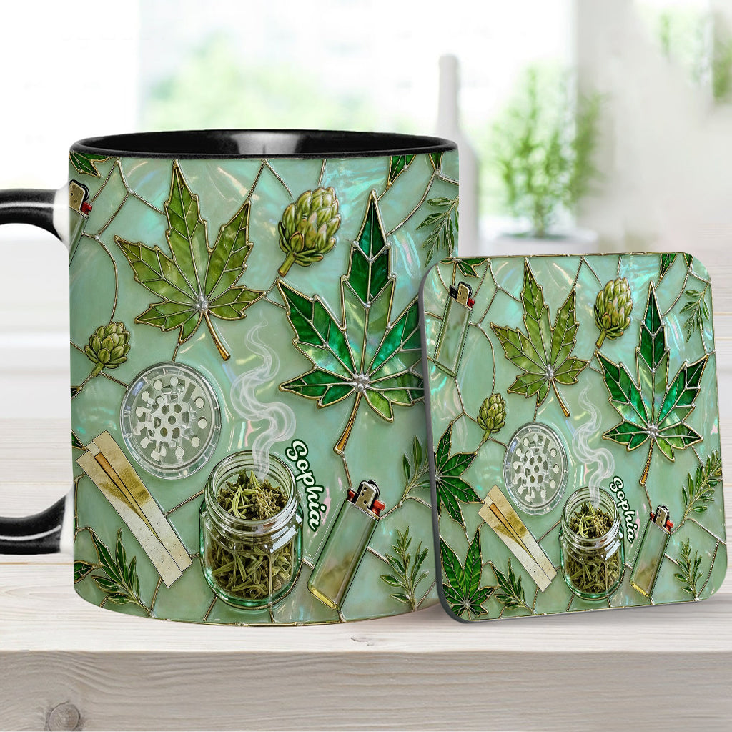Feuille de magie verte - Mug et sous-verre personnalisés avec motif cannabis