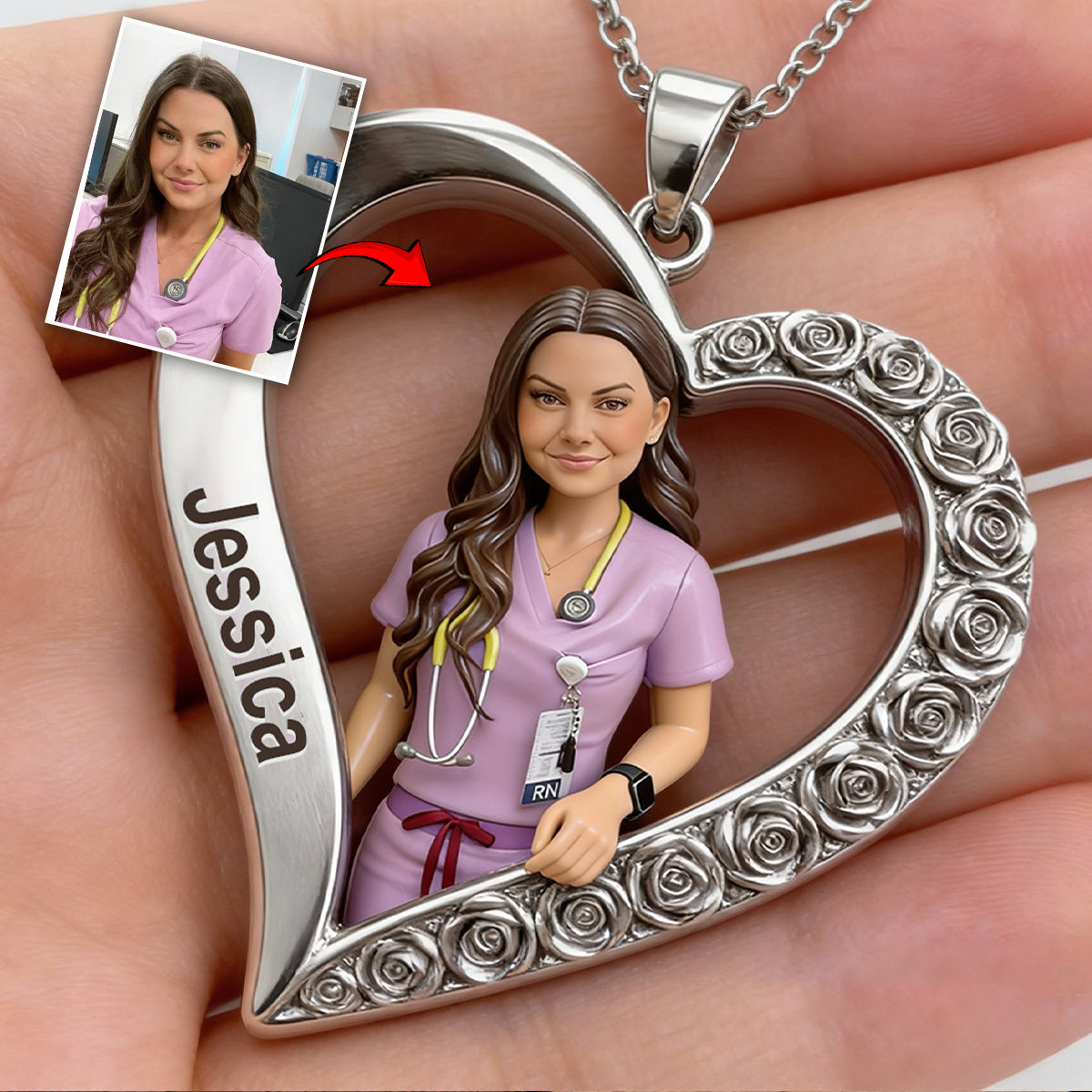 Custom From Any Photo - Personalized Nurse Shaped Metal Pendant Necklace