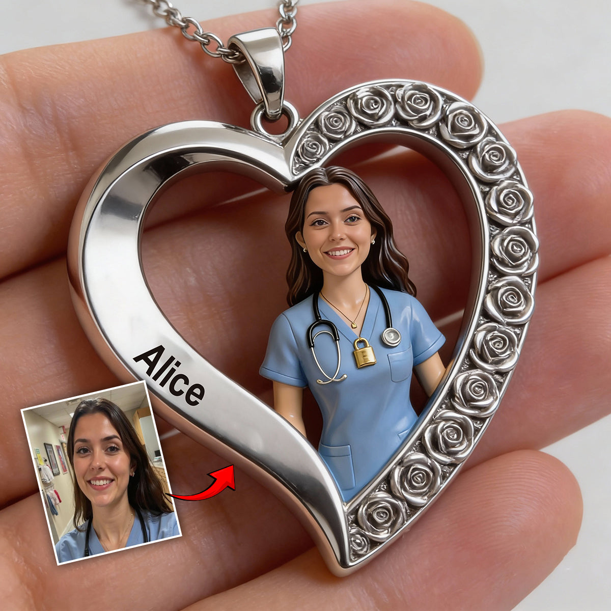 Custom From Any Photo - Personalized Nurse Shaped Metal Pendant Necklace