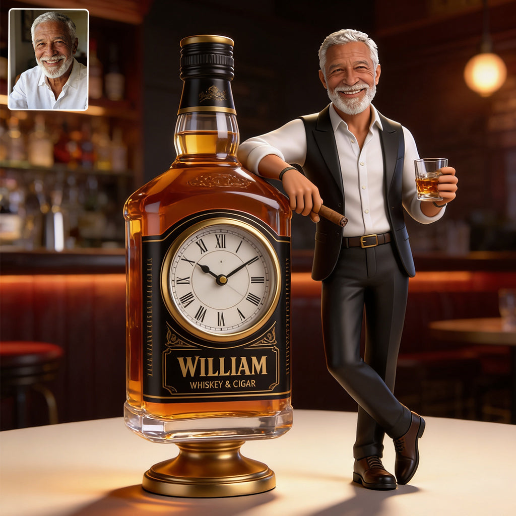 Whiskey und Zigarre - Personalisierte Whisky Tischuhr Plakette