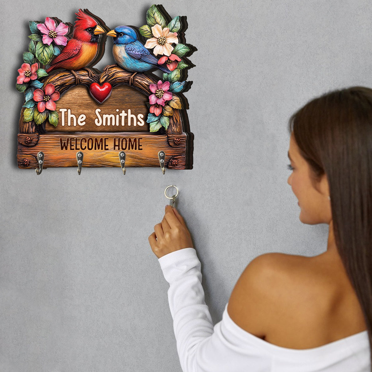 Bienvenue à la maison ! Porte-clés familial personnalisé aux formes uniques.