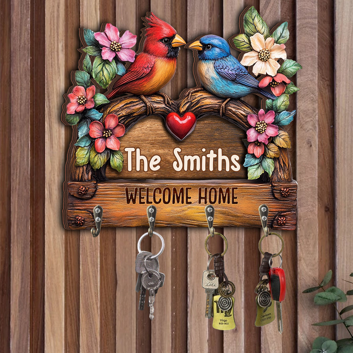 Bienvenue à la maison ! Porte-clés familial personnalisé aux formes uniques.