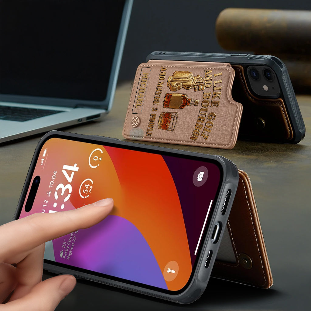 J'aime le golf, le bourbon et peut-être 3 personnes - Étui portefeuille de téléphone personnalisé sur le thème du golf