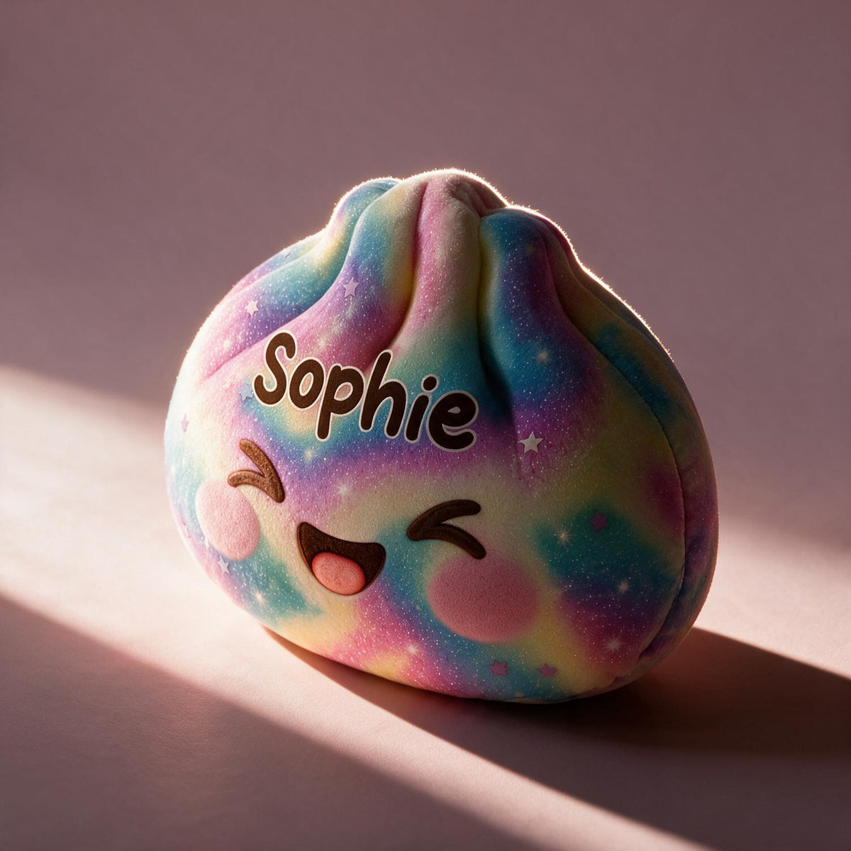 Personalized Rainbow Glitter Smiling Dumpling Shaped Pillow, Custom Name Cute Kids Room Decor