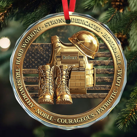 Sac à dos et bottes militaires pour vétéran - Ornement en verre rond personnalisé pour vétéran