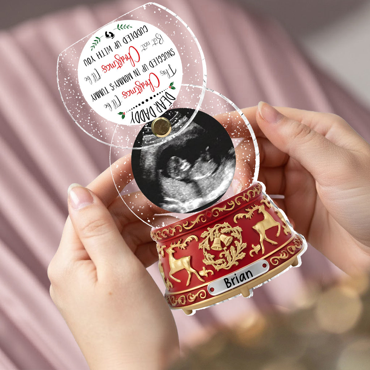 Amour du ventre rond - Cadeau idéal pour le futur papa - Boîte à musique boule de neige en cristal - Ornement de grossesse personnalisé