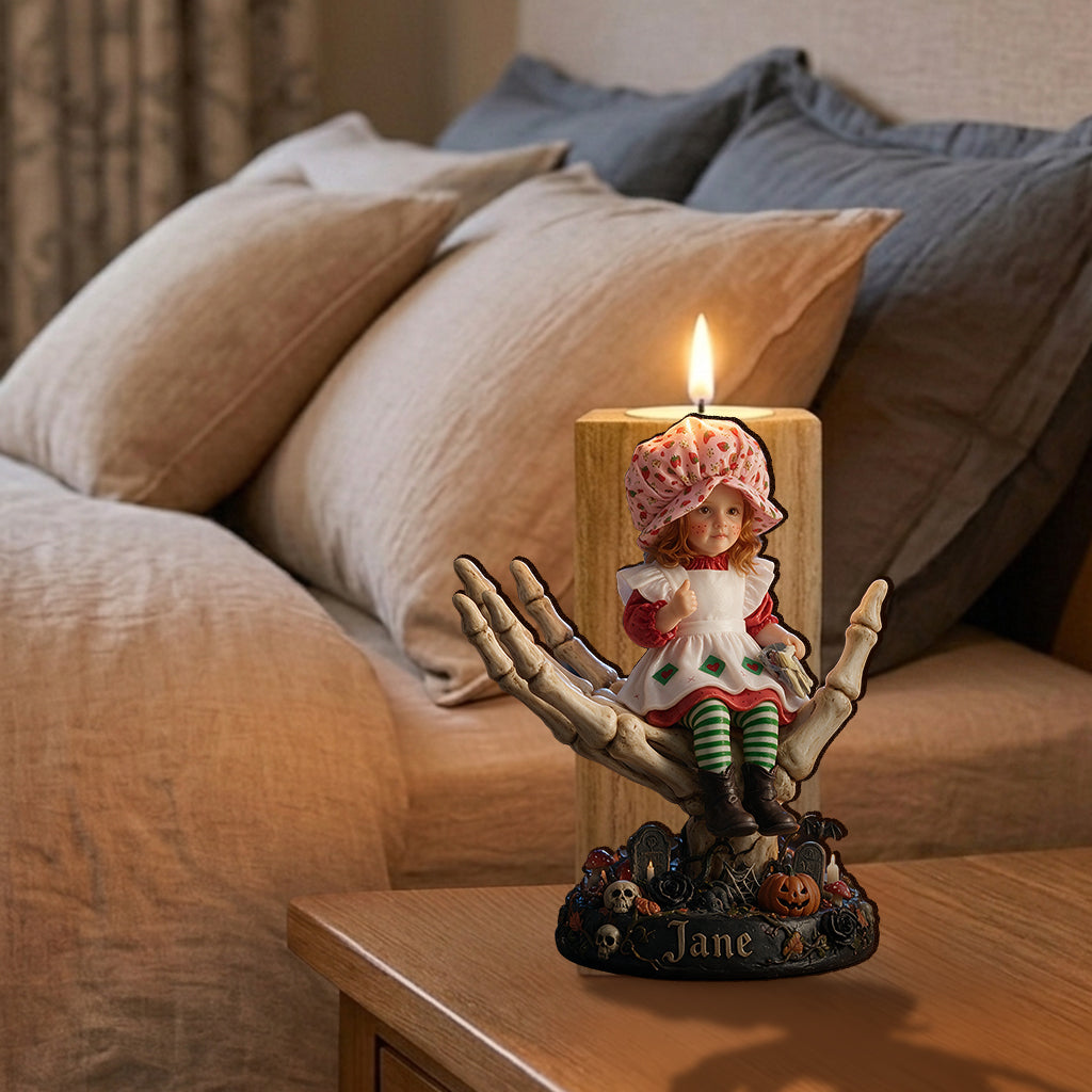 Custom Any Photo, Skeleton Halloween - Personalized Kid Custom Shape Wooden Candle Holder