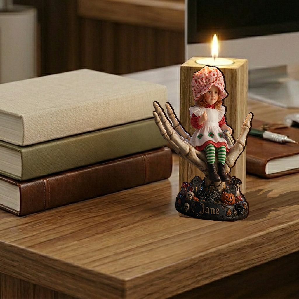 Custom Any Photo, Skeleton Halloween - Personalized Kid Custom Shape Wooden Candle Holder