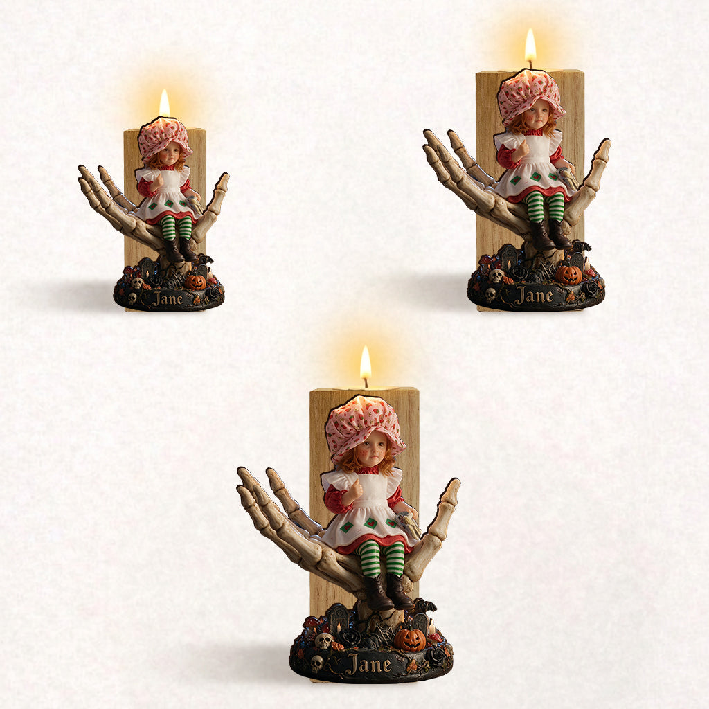 Custom Any Photo, Skeleton Halloween - Personalized Kid Custom Shape Wooden Candle Holder