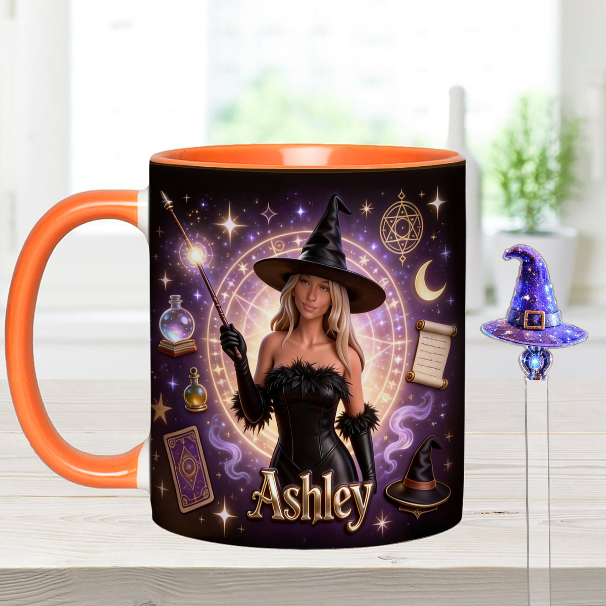 Liebeszauberer, Hexe – Personalisiertes Hexen-Set: Akzentbecher mit Acryl-Rührstäbchen