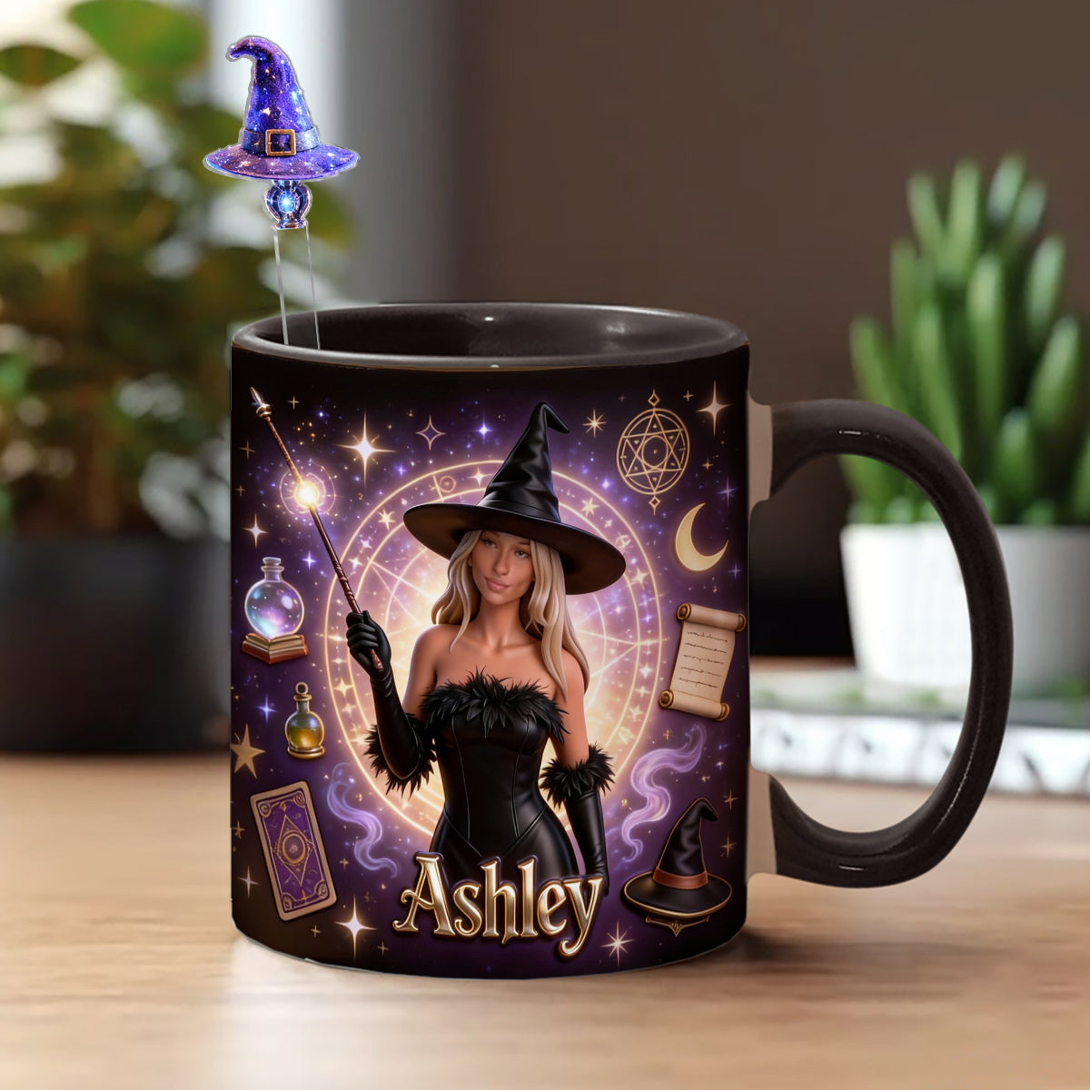 Liebeszauberer, Hexe – Personalisiertes Hexen-Set: Akzentbecher mit Acryl-Rührstäbchen
