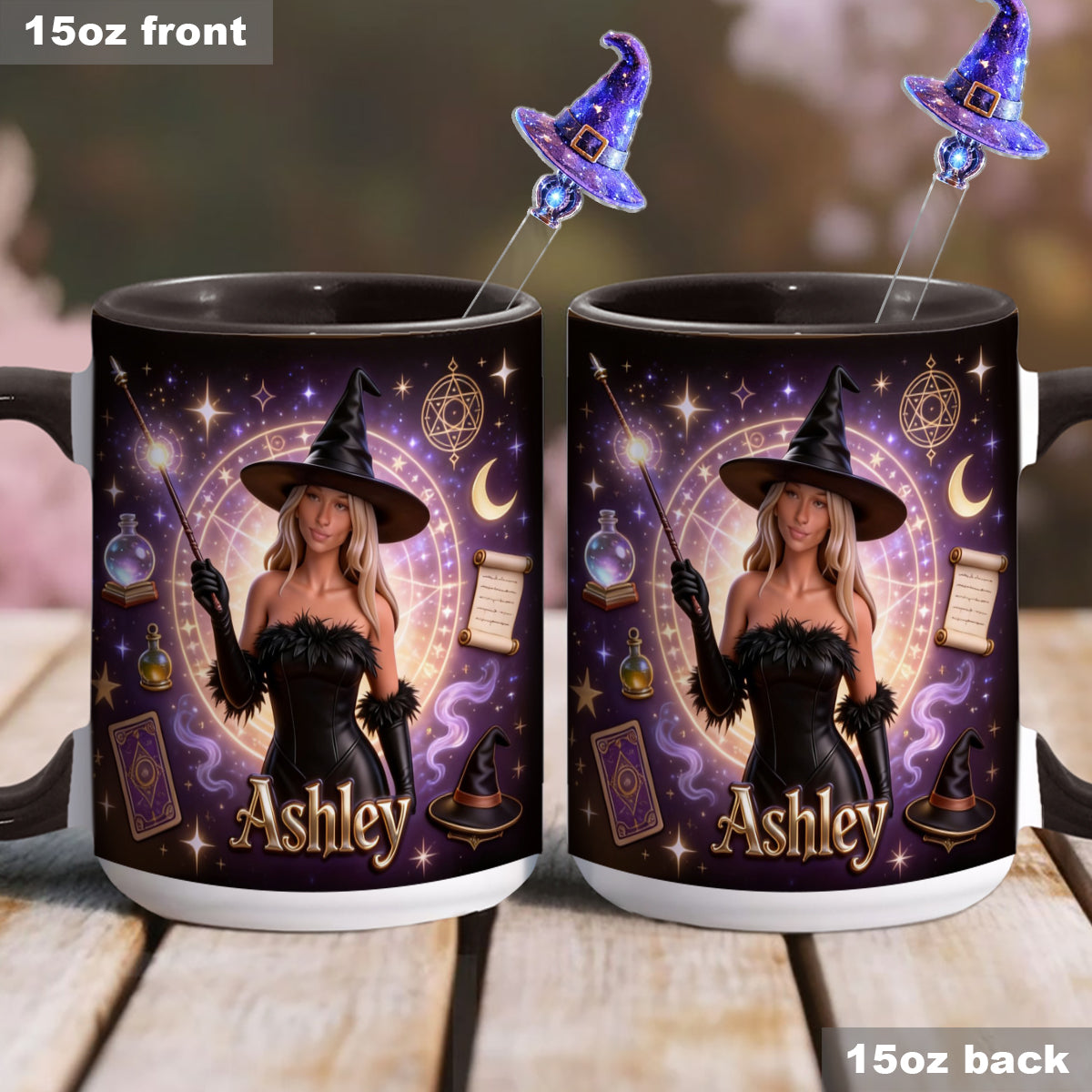 Liebeszauberer, Hexe – Personalisiertes Hexen-Set: Akzentbecher mit Acryl-Rührstäbchen