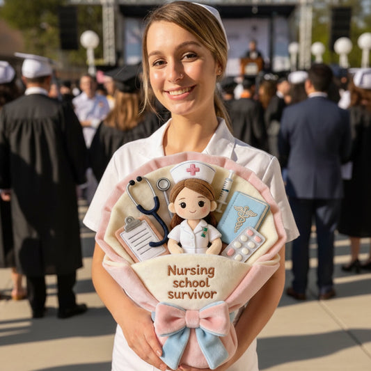 „Pflege ist eine Herzensangelegenheit“ – Plüschstrauß als Dankeschön – Personalisiertes Premium-Kunstfellkissen für Pflegekräfte