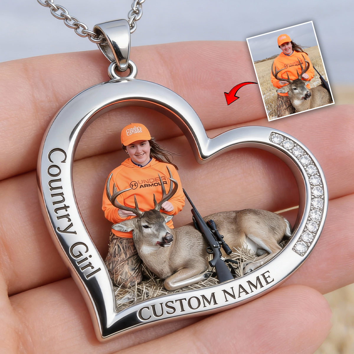 Collier pendentif personnalisé en métal en forme de chasse, réalisé à partir de n'importe quelle photo