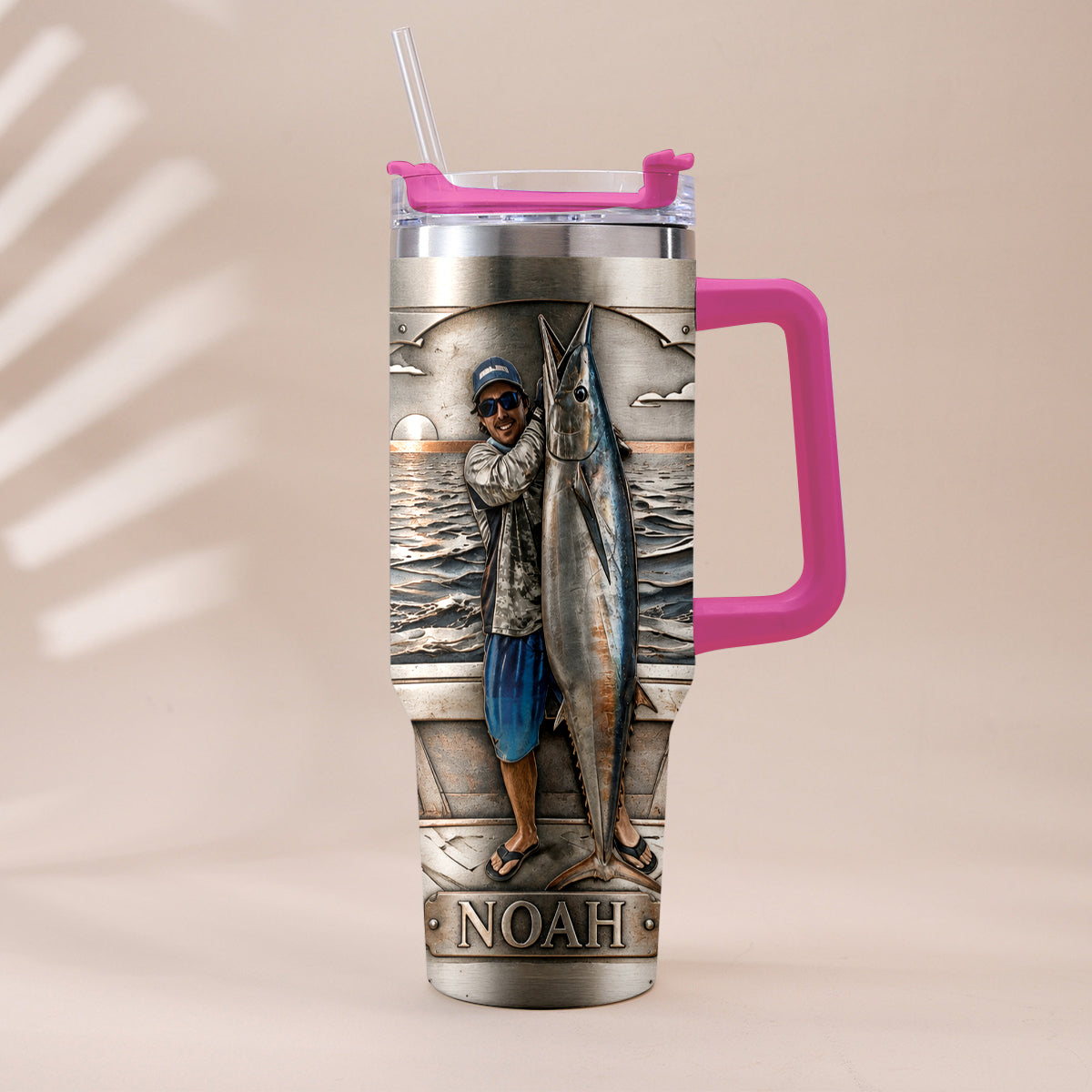 Fisherman With Big Fish - Personalized Fishing Tumbler With Handle