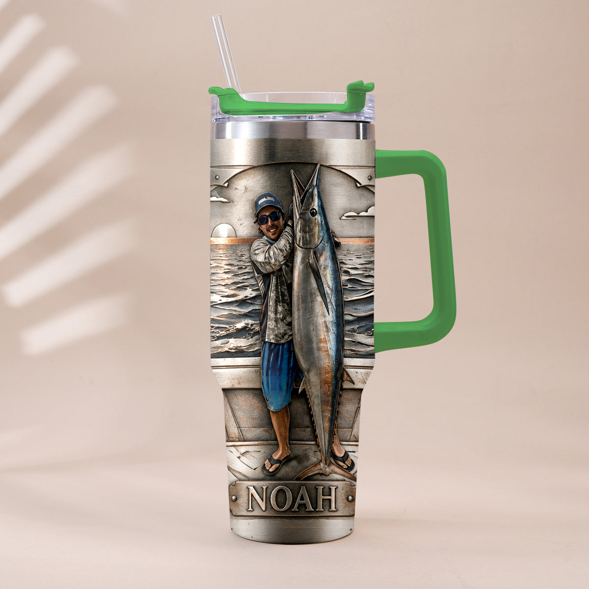 Fisherman With Big Fish - Personalized Fishing Tumbler With Handle
