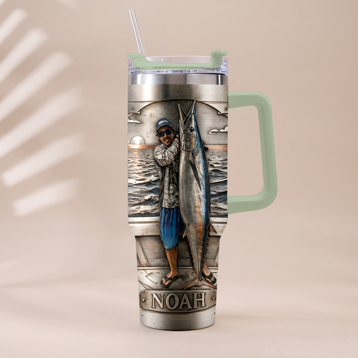 Fisherman With Big Fish - Personalized Fishing Tumbler With Handle