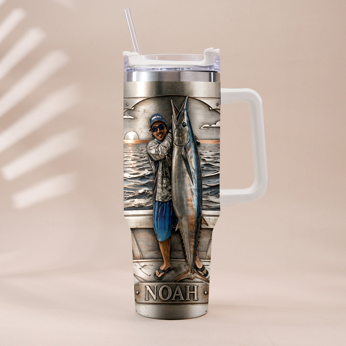 Fisherman With Big Fish - Personalized Fishing Tumbler With Handle