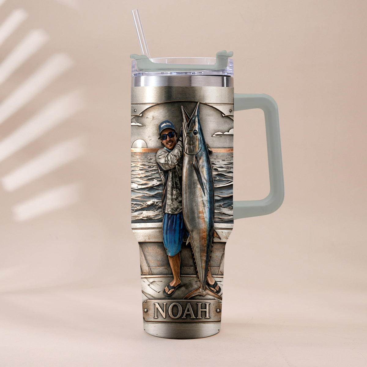 Fisherman With Big Fish - Personalized Fishing Tumbler With Handle