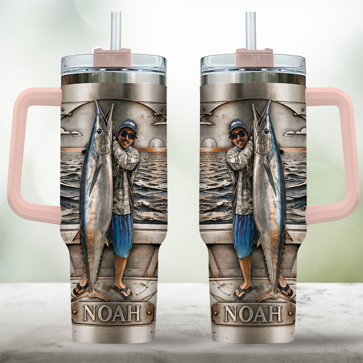 Fisherman With Big Fish - Personalized Fishing Tumbler With Handle