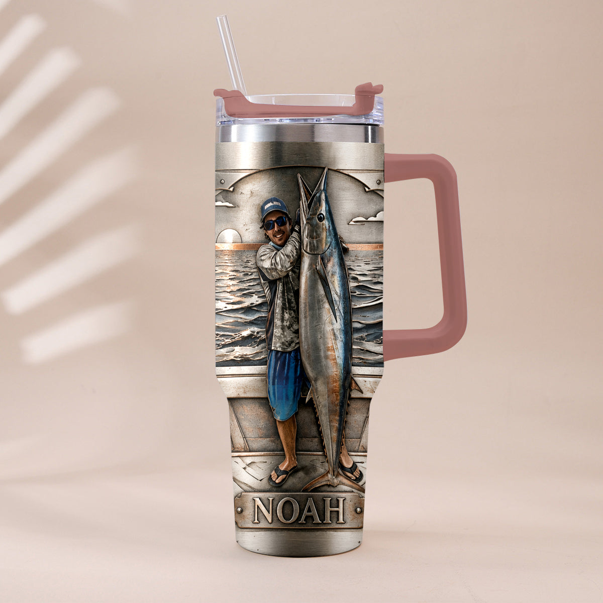 Fisherman With Big Fish - Personalized Fishing Tumbler With Handle