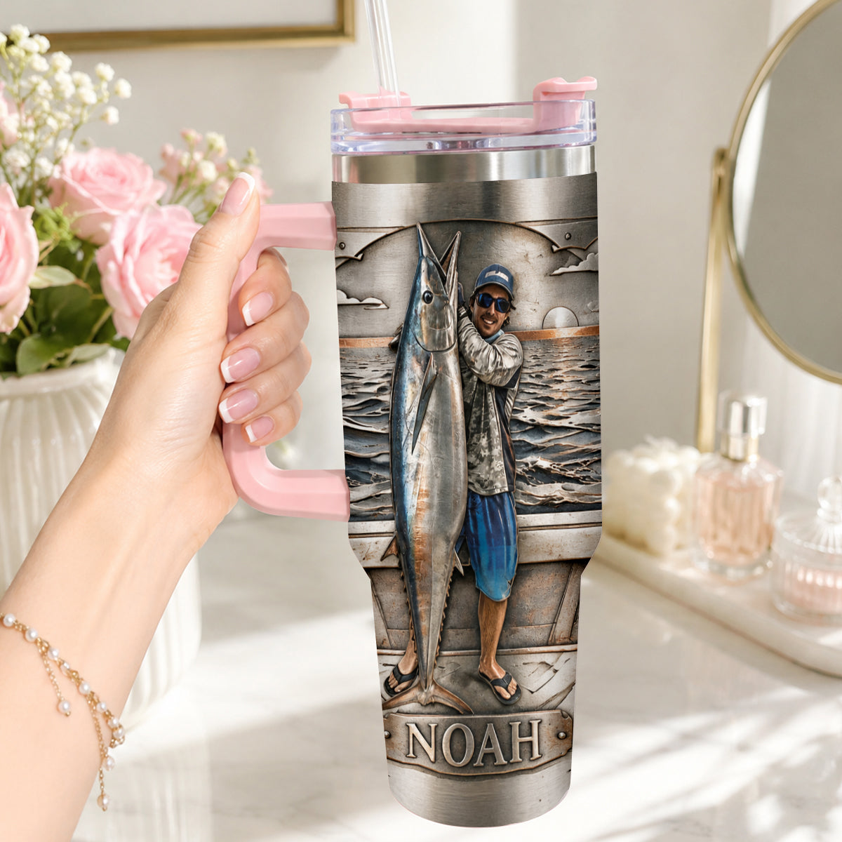 Fisherman With Big Fish - Personalized Fishing Tumbler With Handle