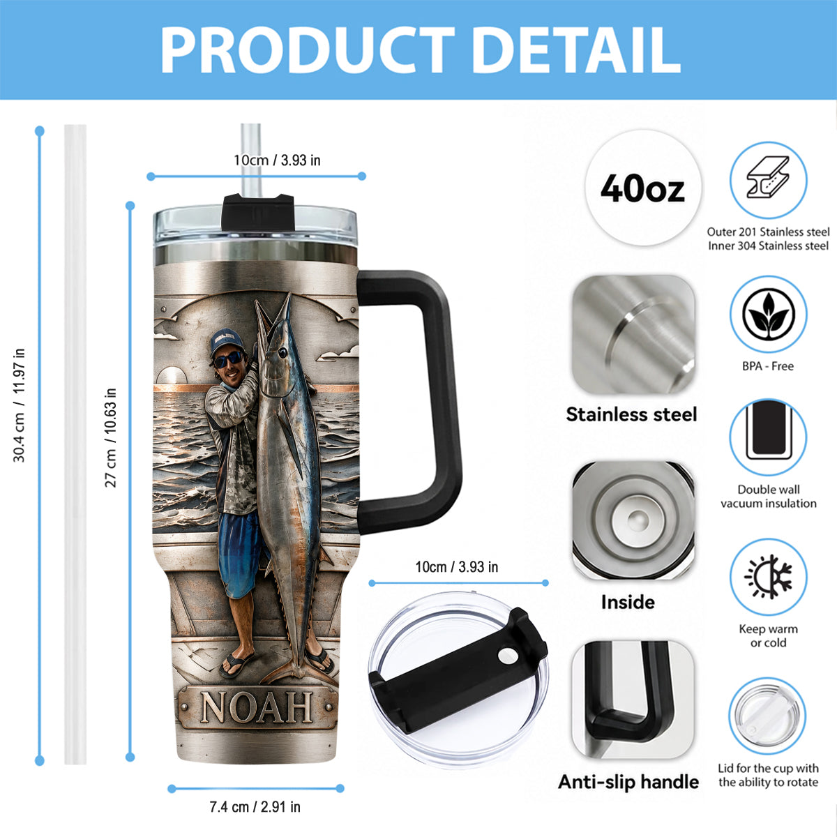Fisherman With Big Fish - Personalized Fishing Tumbler With Handle