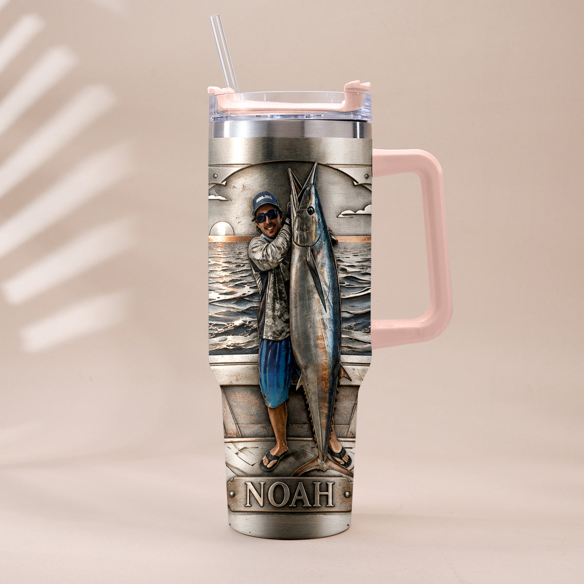 Fisherman With Big Fish - Personalized Fishing Tumbler With Handle