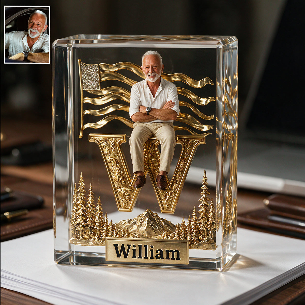 Monogram Crystal Paperweight - Personalized Real Men Custom Shaped Acrylic Plaque