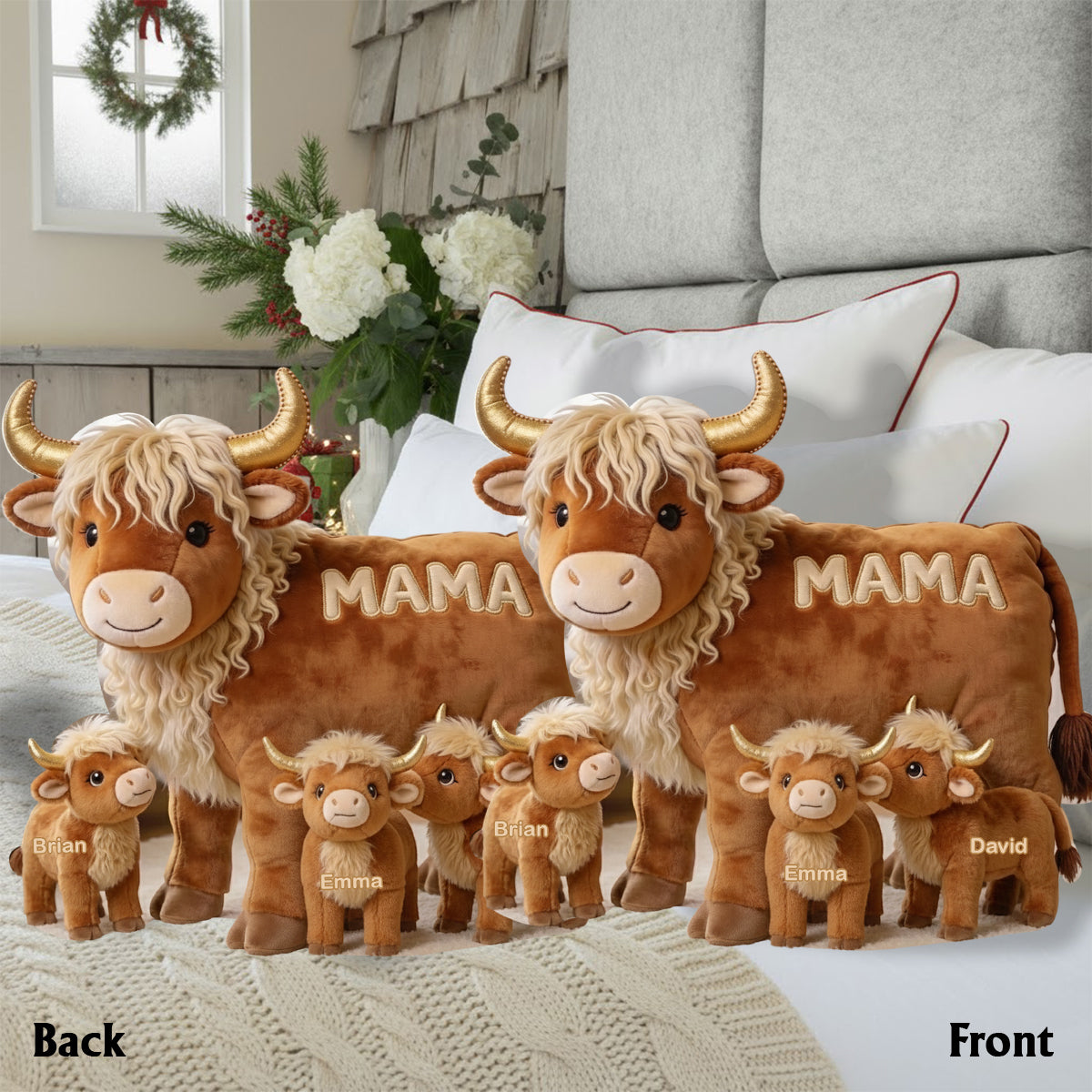 Cadeau « Maman Vache » pour maman/grand-mère - Coussin personnalisé en fausse fourrure en forme de grand-mère