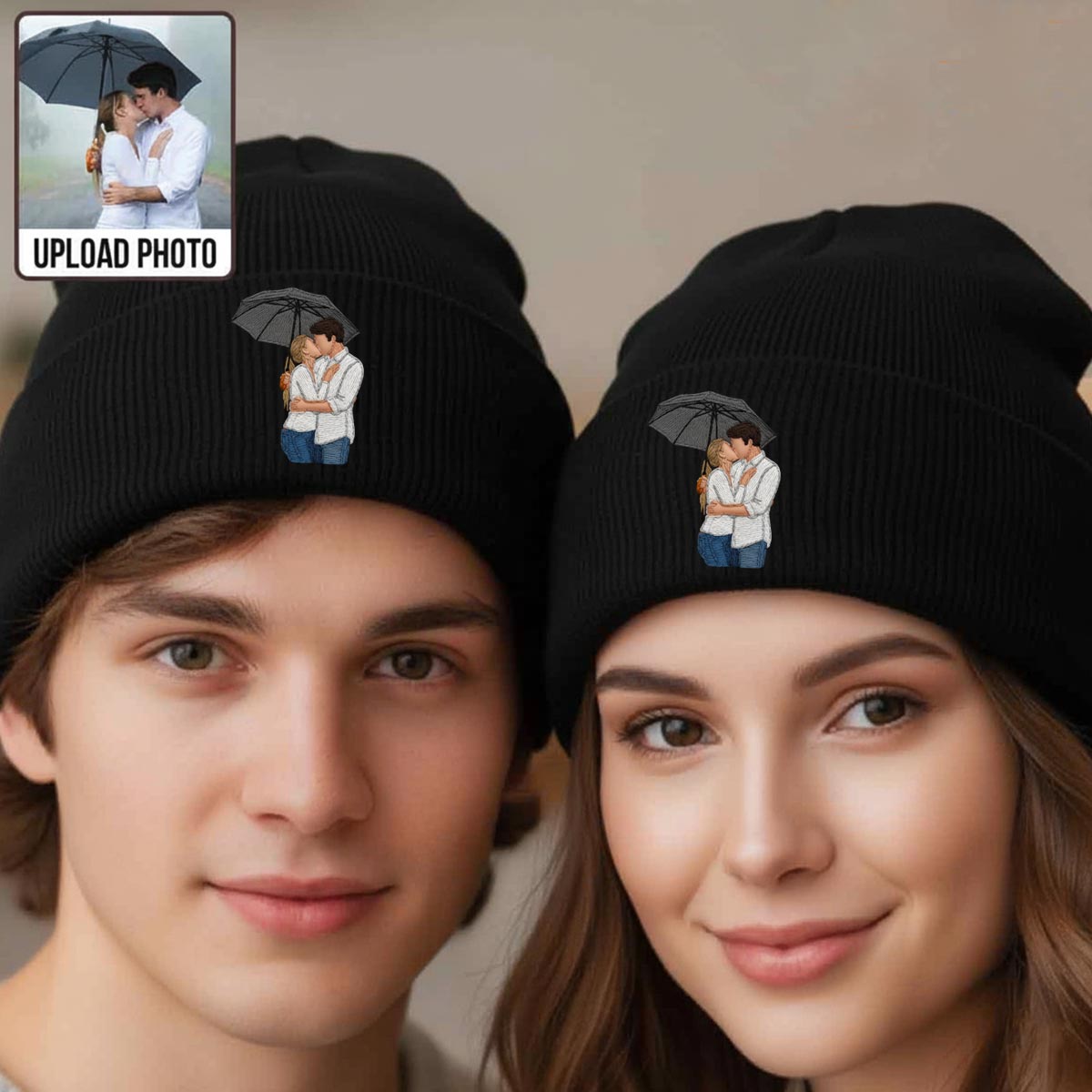 Bonnet brodé personnalisé pour couple, style minimaliste et cartoon - Broderie minimaliste - Style cartoon