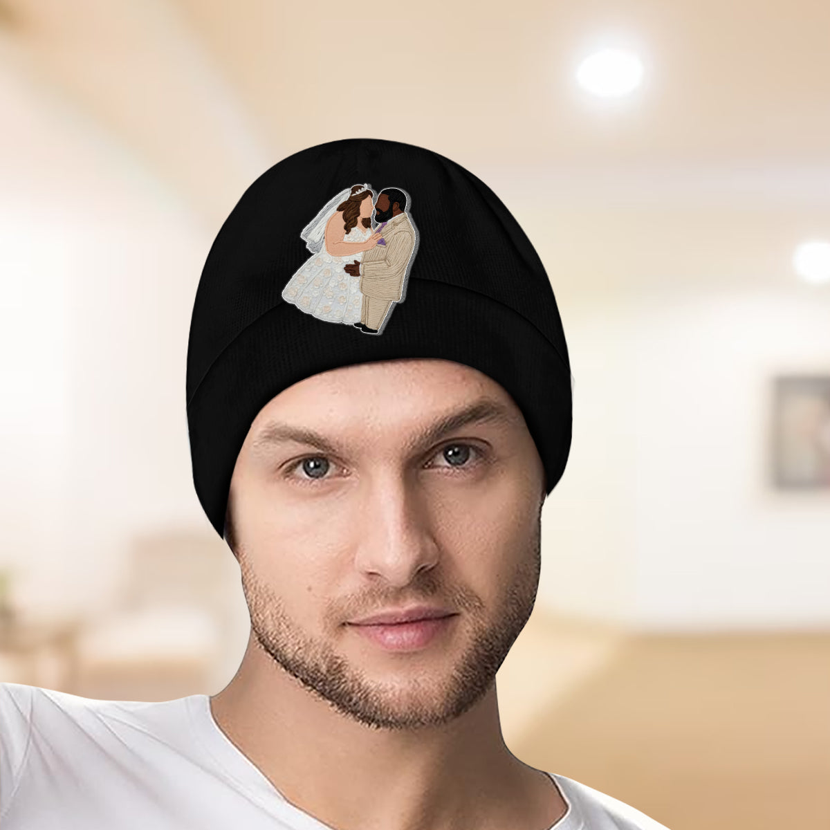 Bonnet brodé personnalisé pour couple, style minimaliste et cartoon - Broderie minimaliste - Style cartoon