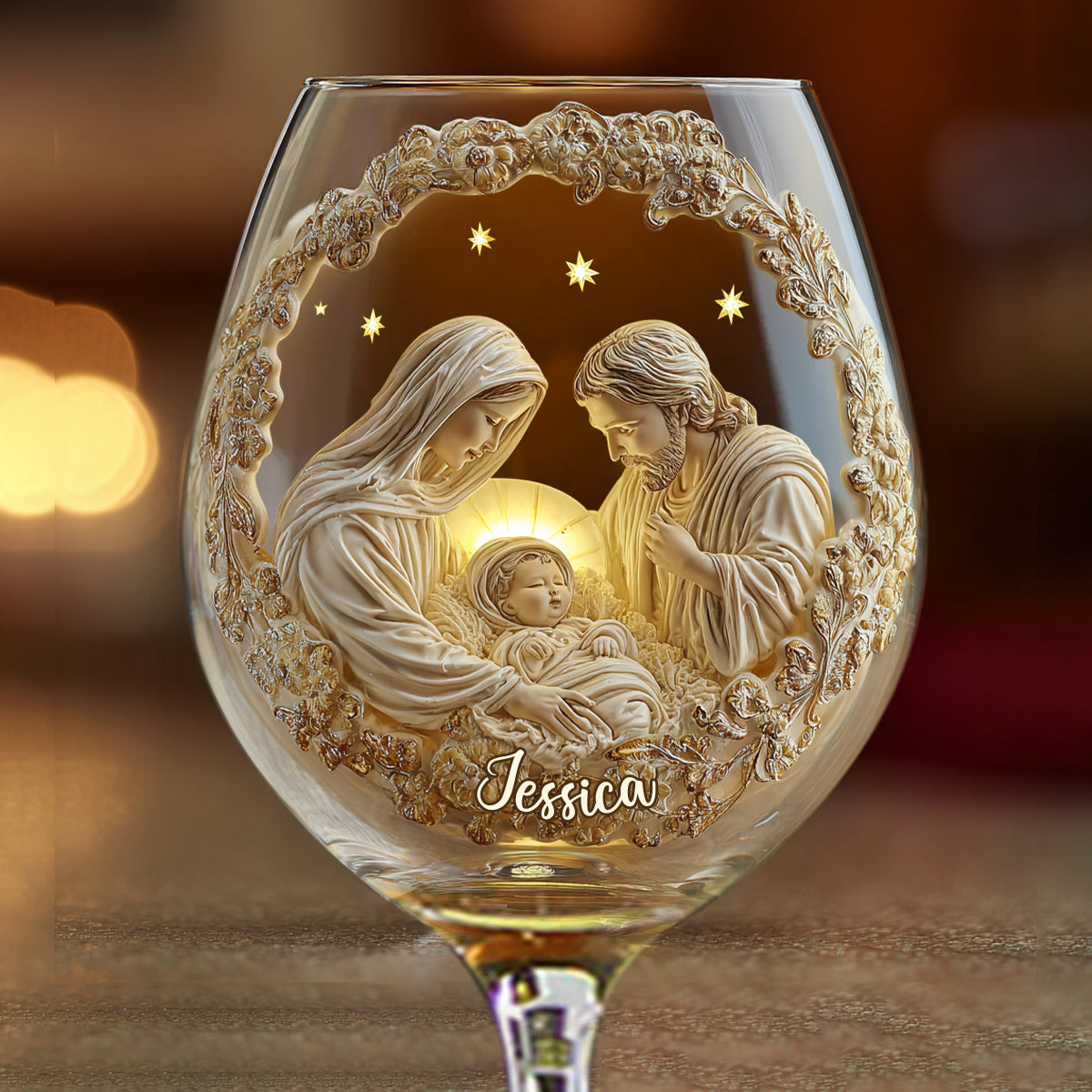 Nativity Scene - Personalized Christian Wine Glass With Long Stem