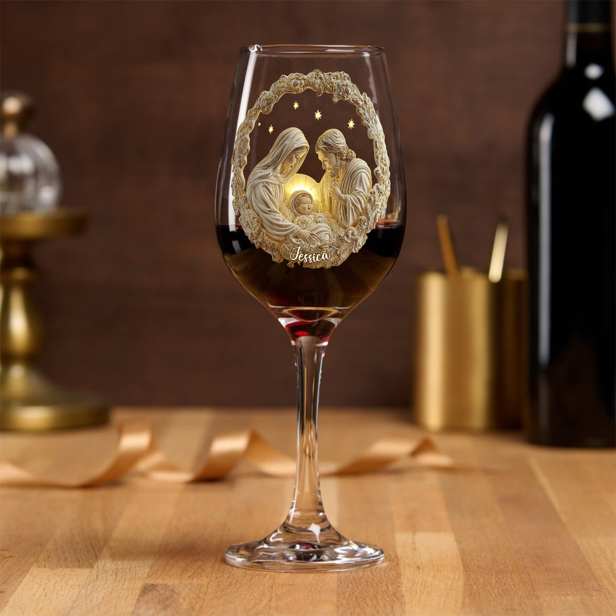 Nativity Scene - Personalized Christian Wine Glass With Long Stem