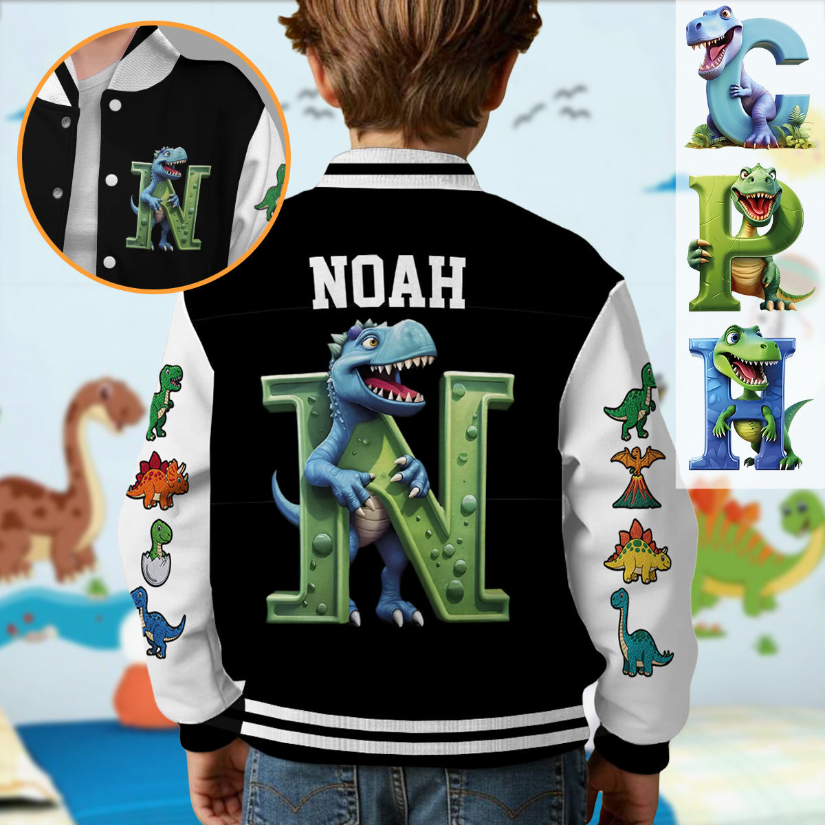 Initial Dinosaurs For Boys And Girls - Personalized Kid Varsity Jacket