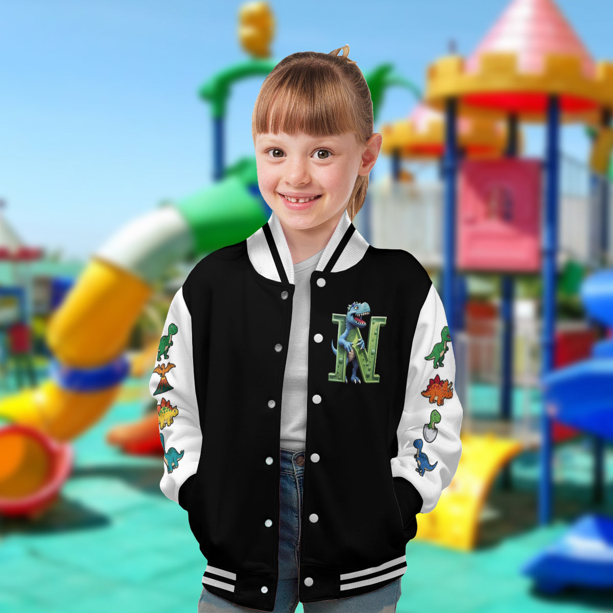 Initial Dinosaurs For Boys And Girls - Personalized Kid Varsity Jacket