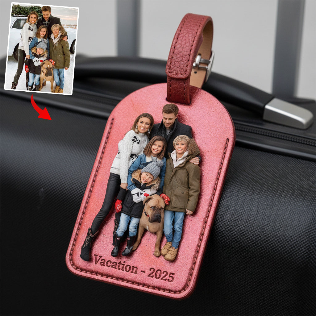 Étiquette à bagages en cuir personnalisée avec photo - Modèle familial