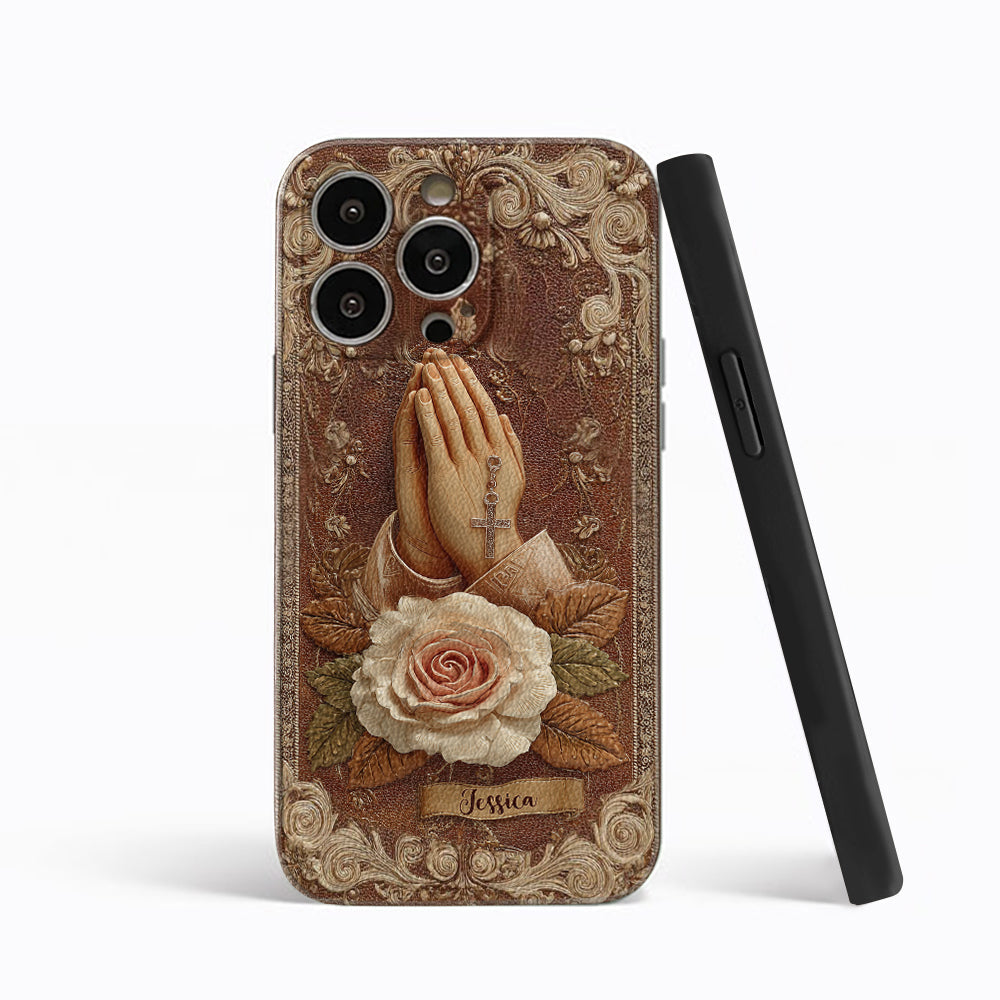 Praying Hands With Roses - Personalized Christian Leather Phone Case