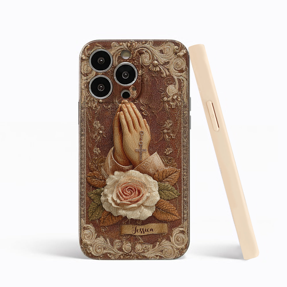 Praying Hands With Roses - Personalized Christian Leather Phone Case