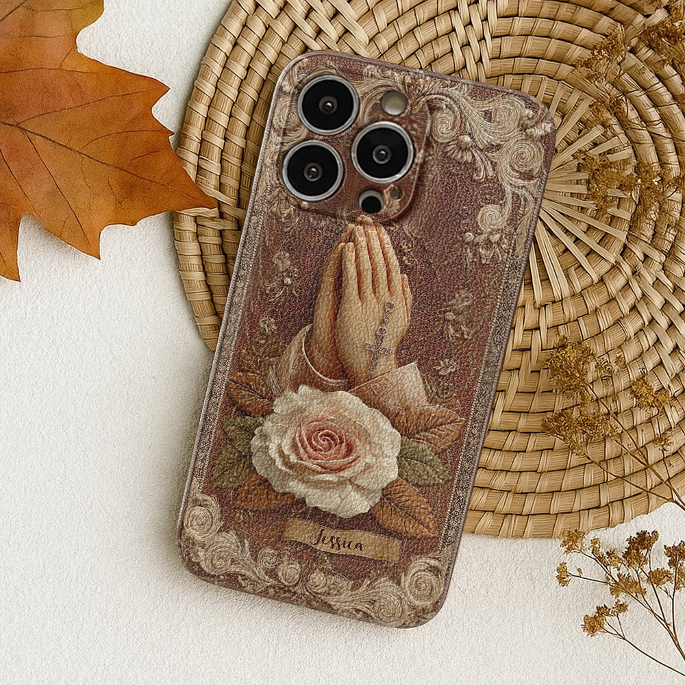 Praying Hands With Roses - Personalized Christian Leather Phone Case