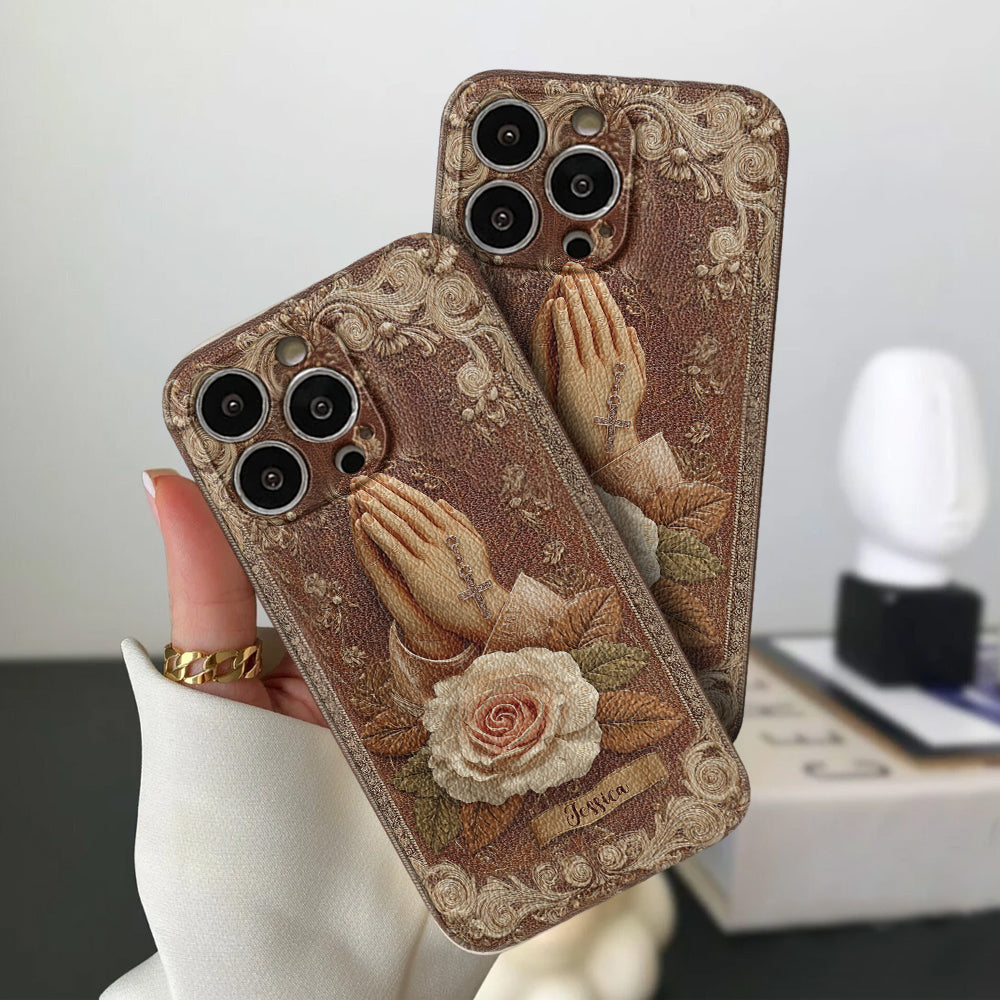 Praying Hands With Roses - Personalized Christian Leather Phone Case