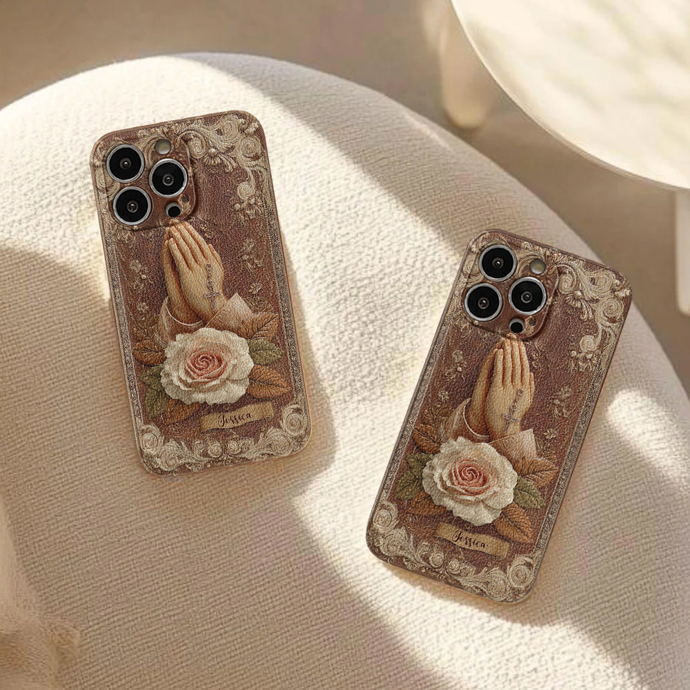 Praying Hands With Roses - Personalized Christian Leather Phone Case
