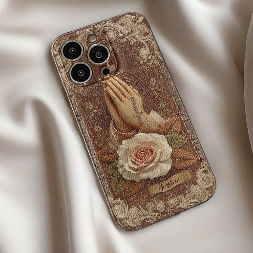 Praying Hands With Roses - Personalized Christian Leather Phone Case