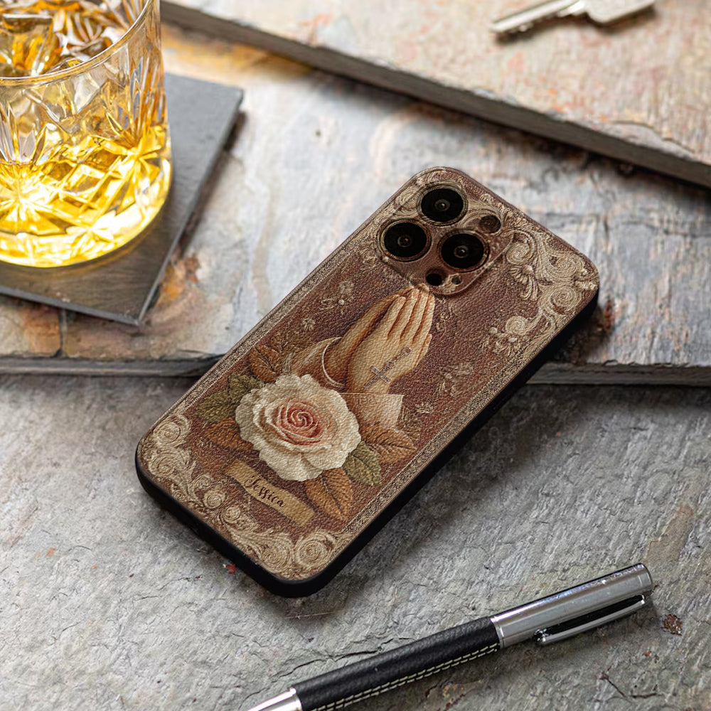 Praying Hands With Roses - Personalized Christian Leather Phone Case