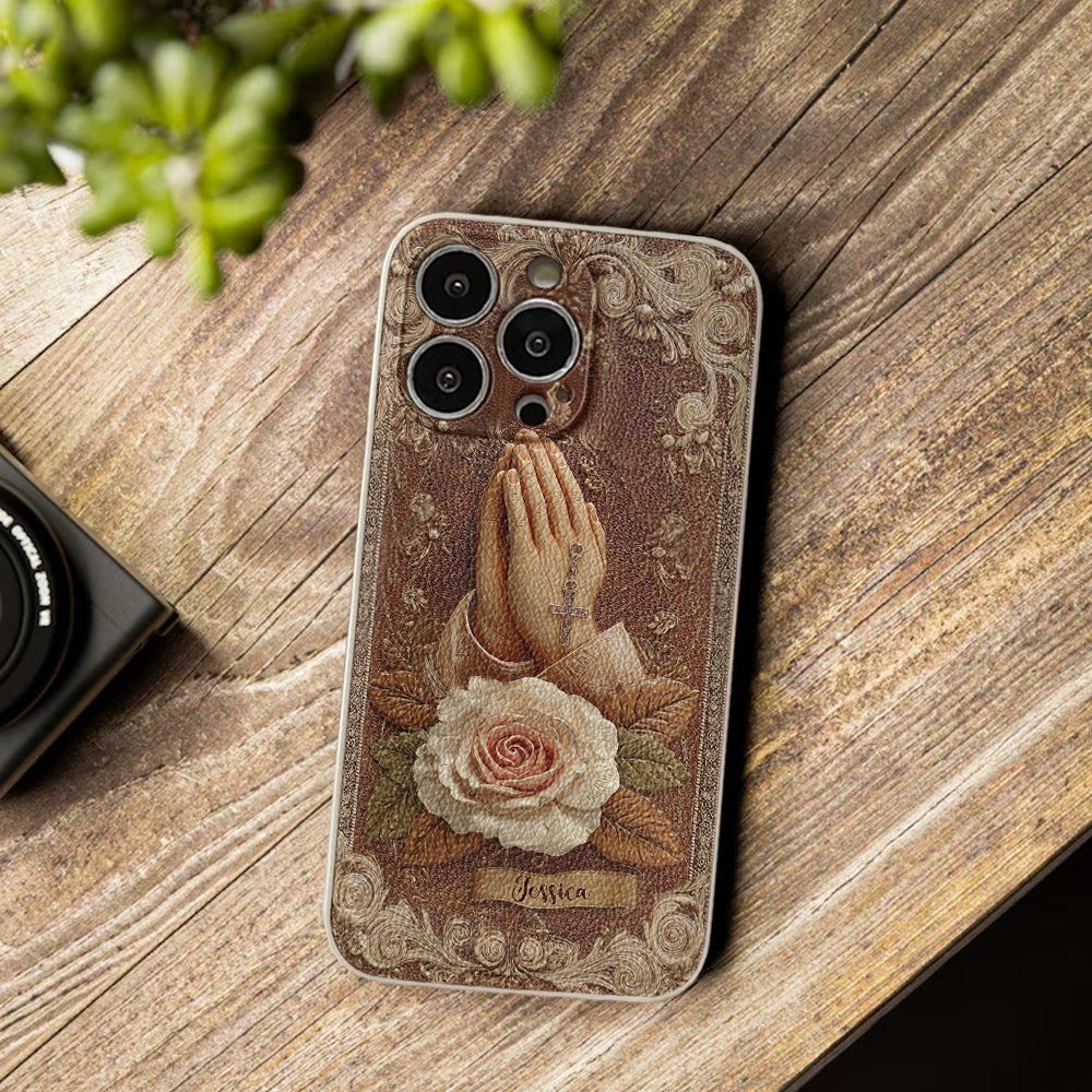 Praying Hands With Roses - Personalized Christian Leather Phone Case